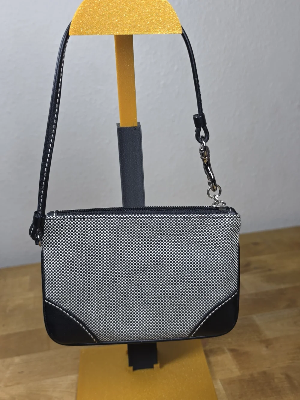Coach Black White Check Fabric Leather Trim Small Wristlet Pouch Womens